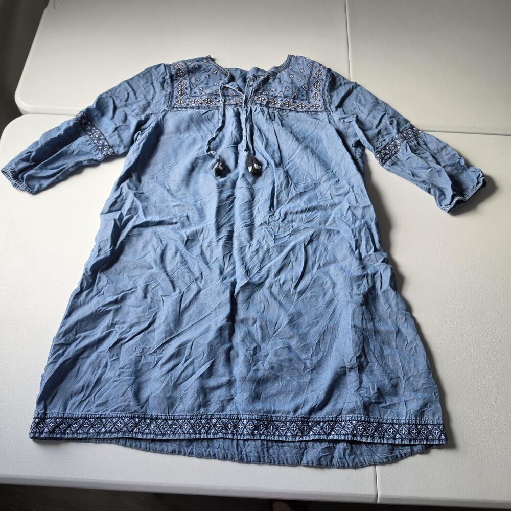 J Jill Denim Dress Womens L Blue Lyocell Embroidered Shift 3/4 Sleeve Boho